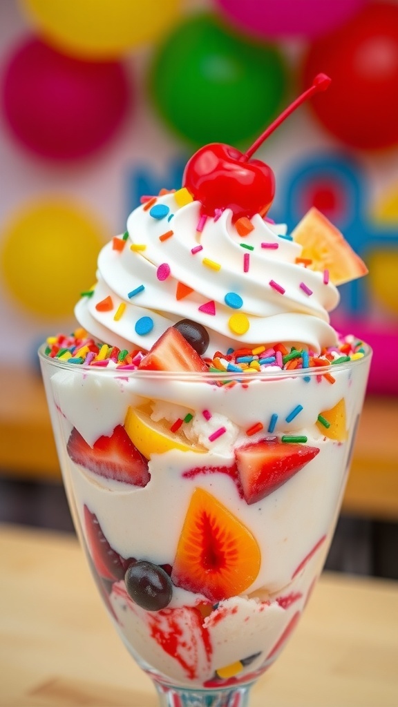A colorful ice cream parfait with sprinkles, fruits, and whipped cream, ready to be enjoyed.